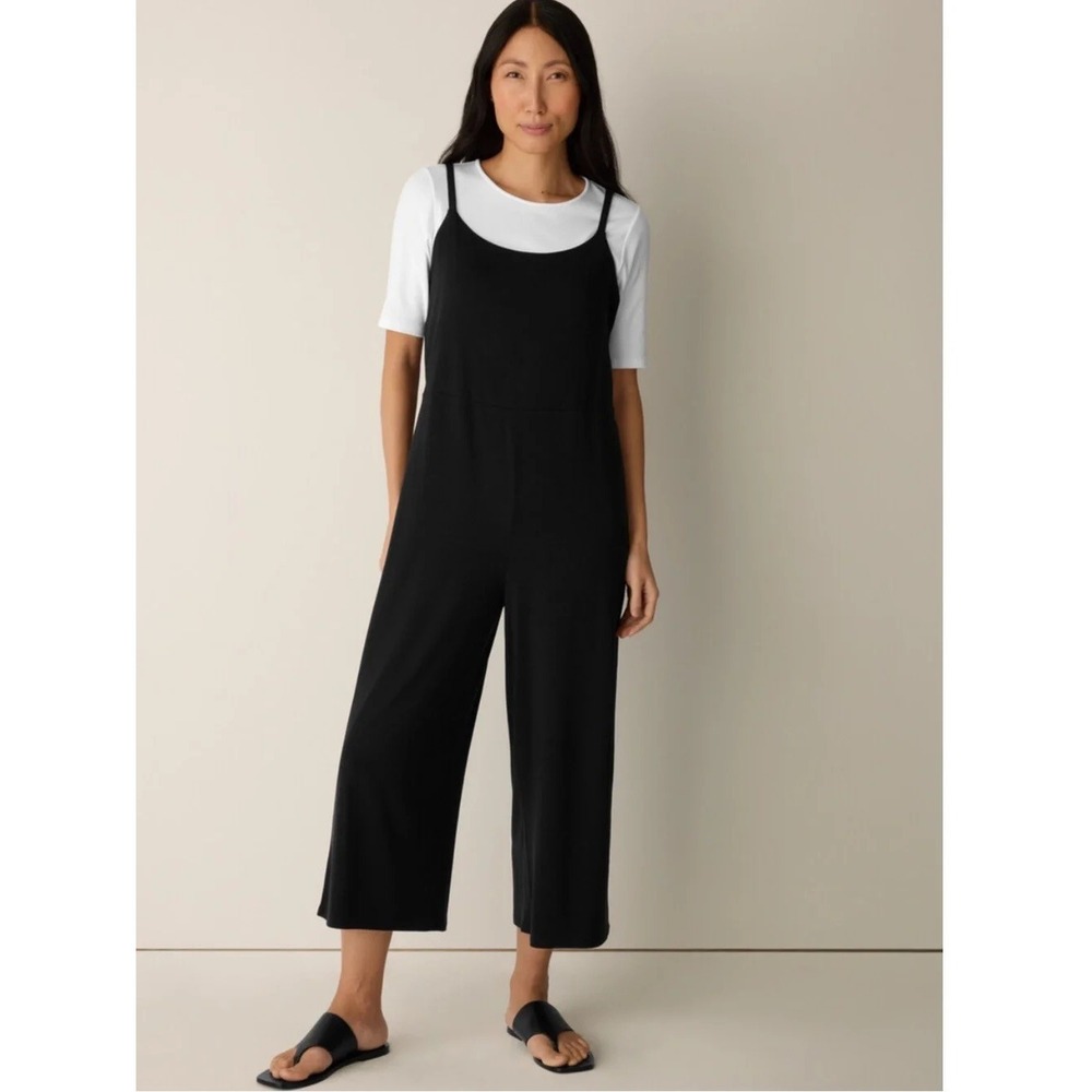 Eileen Fisher Womens Black Tencel Lyocell Viscose Wide Leg Crop Jumpsuit XS
